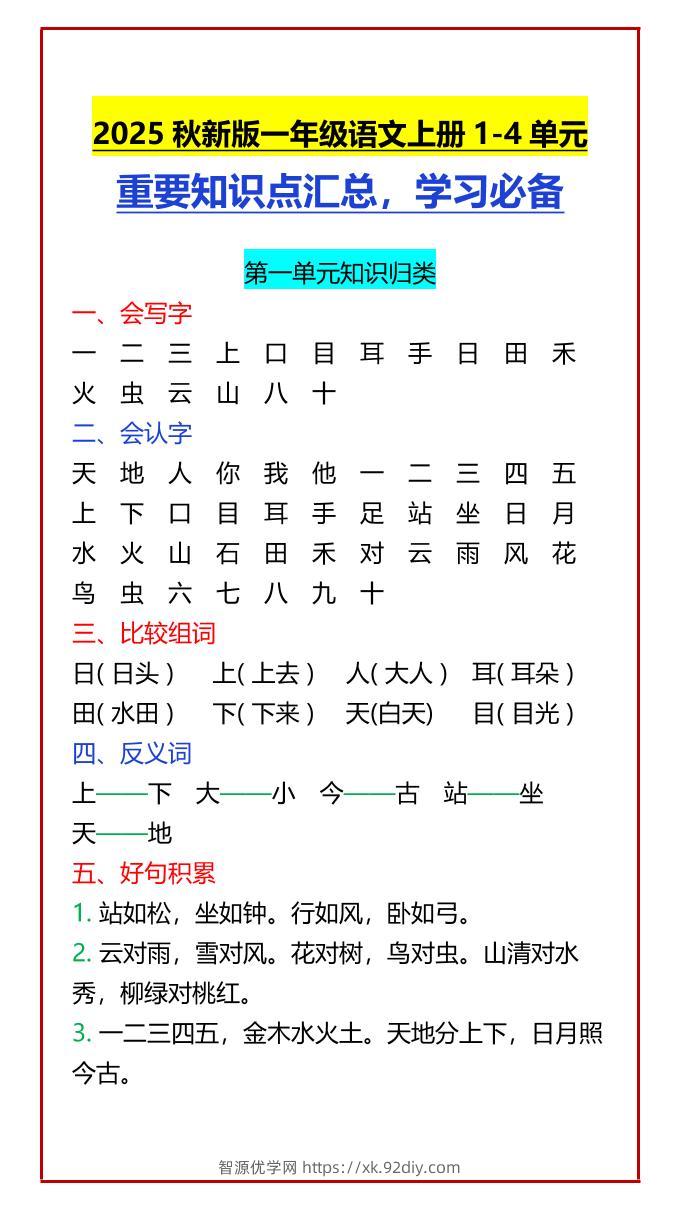 【2025秋新版】一年级语文上册1-4单元重要知识点汇总，学习必备-智源优学网