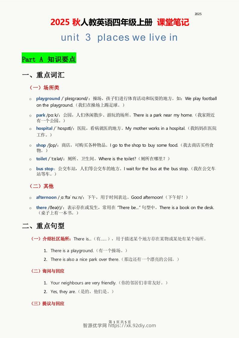 2025秋人教英语四上课堂笔记Unit03-智源优学网
