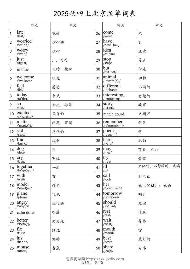 2025秋四上英语北京版单词表-智源优学网