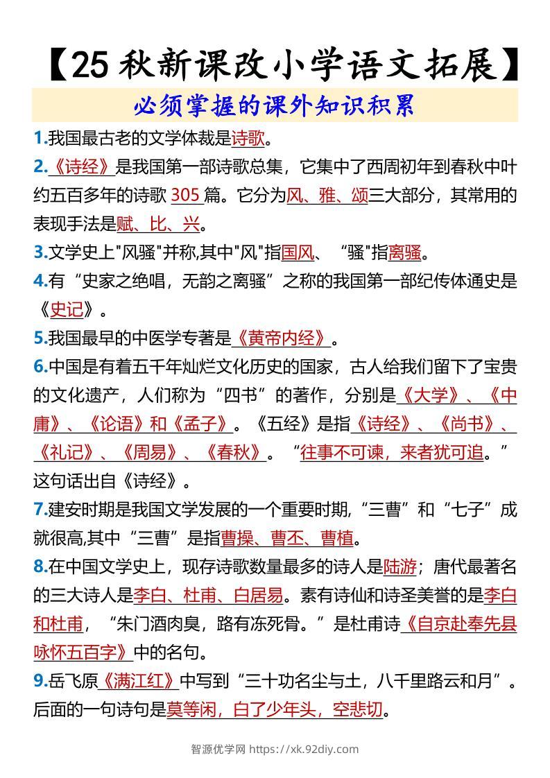 【2025秋新版】【小学语文拓展】必须掌握的课外知识积累-六上语文-智源优学网
