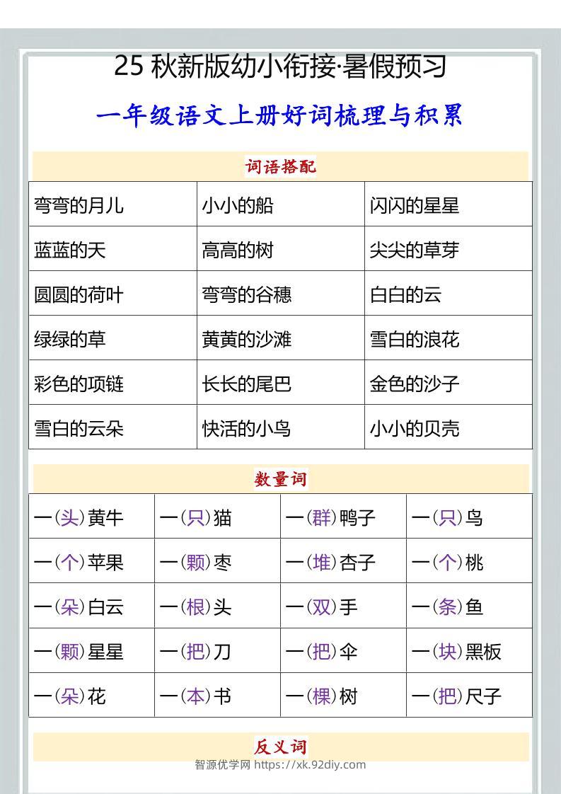 【2025秋新版】幼小衔接一年级语文上册好词梳理与积累-智源优学网