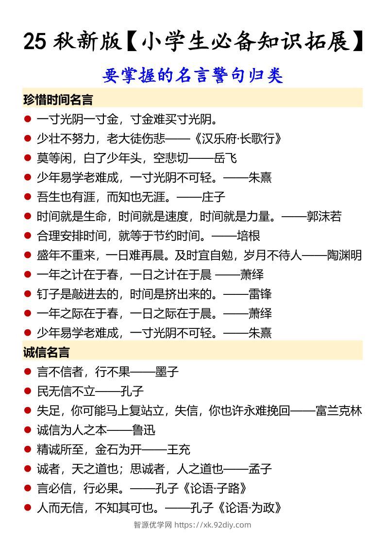 【2025秋新版】【小学生必备知识拓展】要掌握的名言警句归类-六上语文-智源优学网