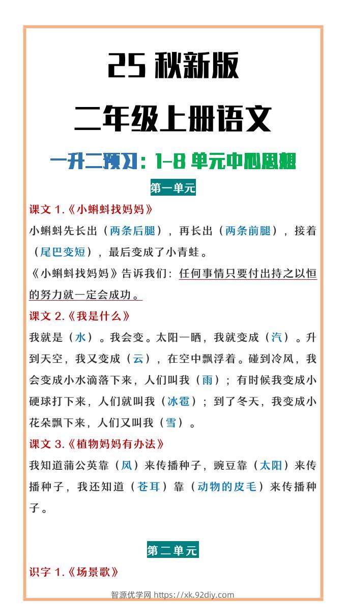 【2025秋新版】二年级上册语文1-8单元中心思想总结-智源优学网