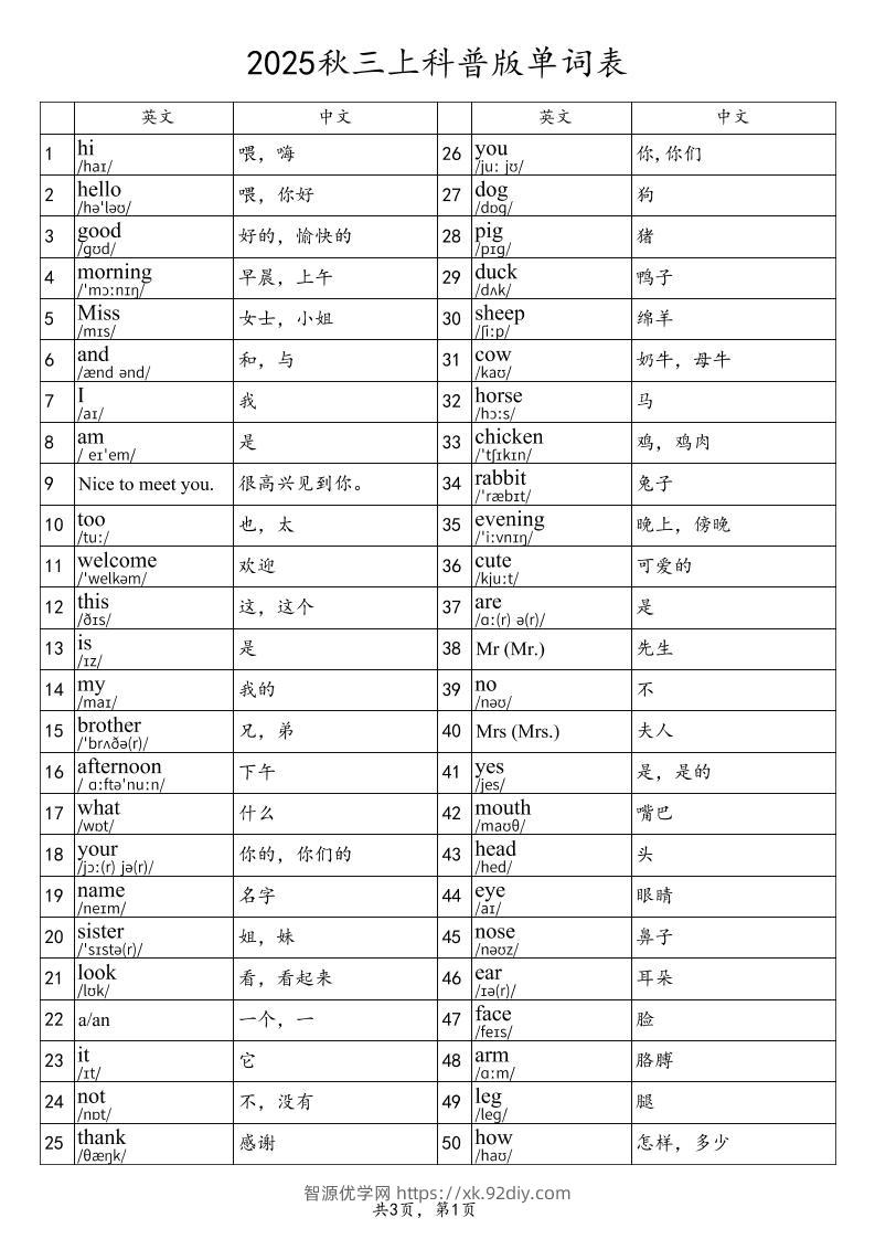 2025秋三上英语科普版单词表-智源优学网