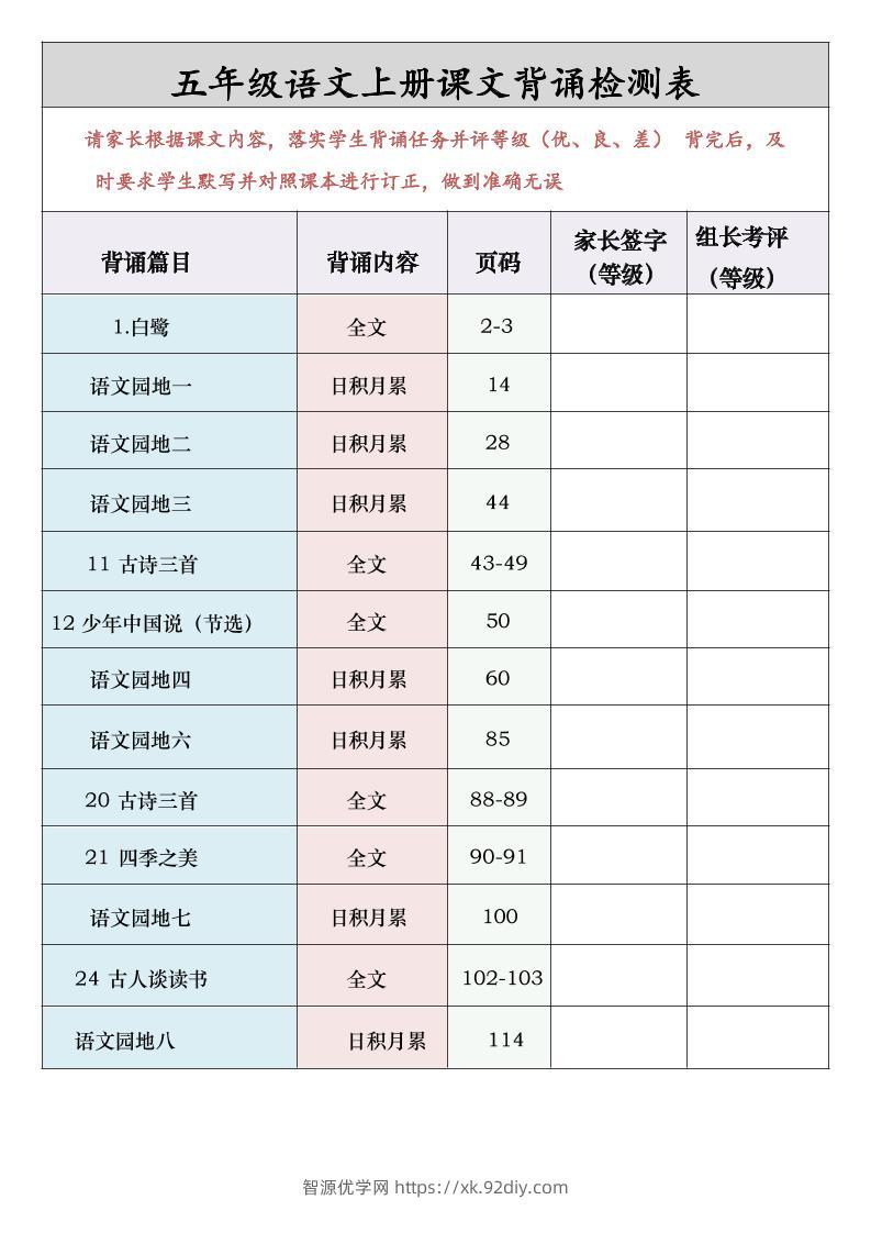 五年级语文上册课文背诵检测表-智源优学网
