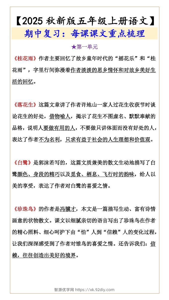 【2025秋新版】【五年级上册语文】期中复习：每课课文重点梳理-智源优学网