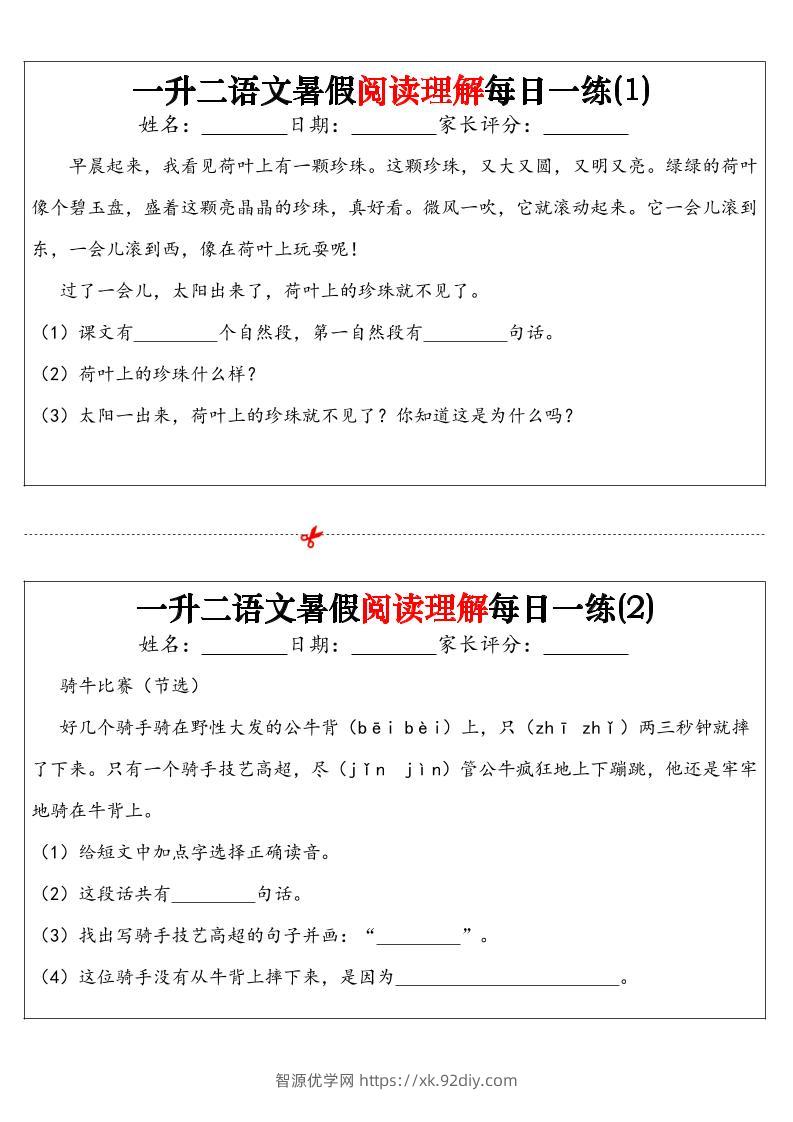 一升二语文暑假阅读理解每日一练32天（16页）-二上语文-智源优学网