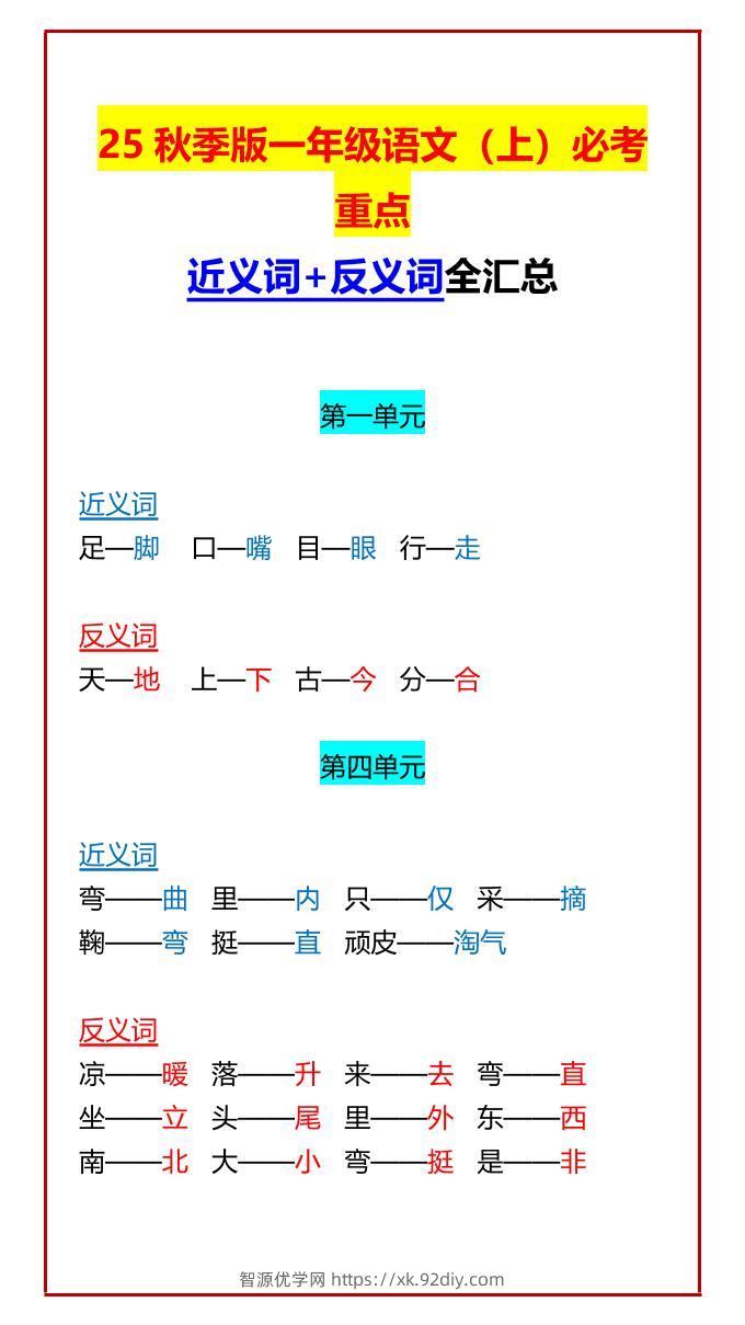【2025秋新版】一年级语文上必考重点近义词+反义词全汇总-智源优学网