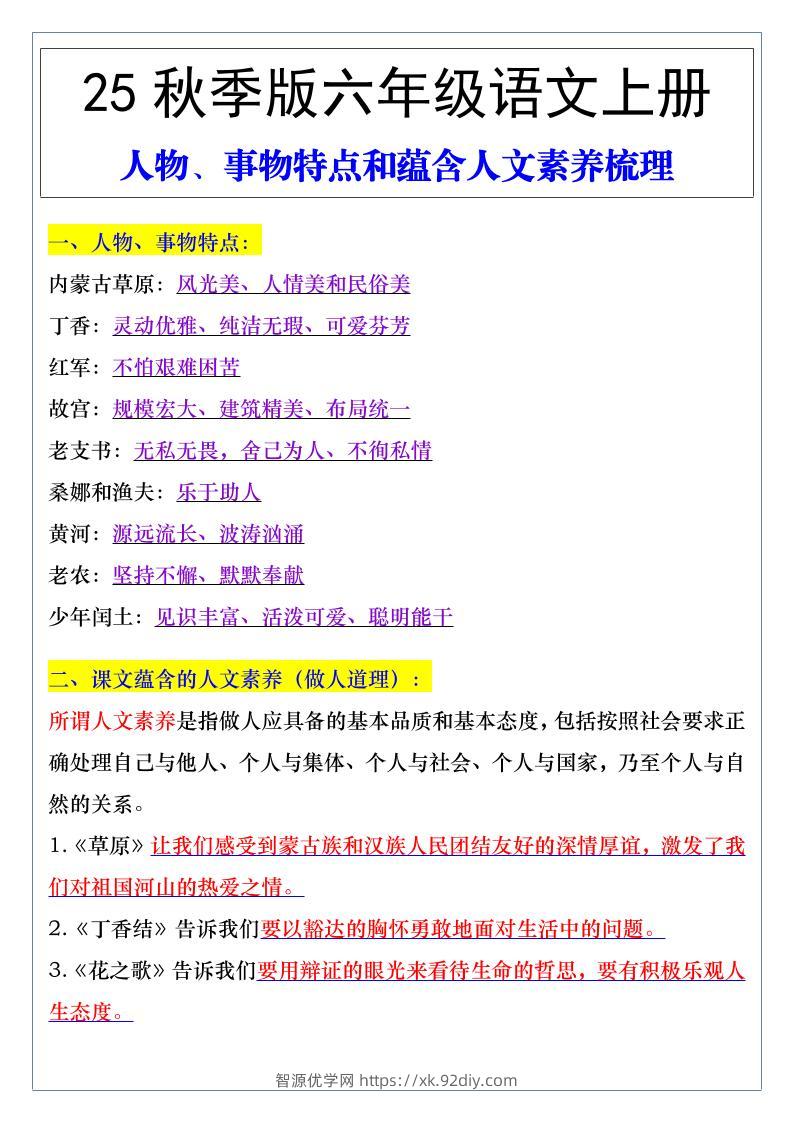 【2025秋新版】六年级语文上册人物、事物特点和蕴含人文素养梳理-智源优学网