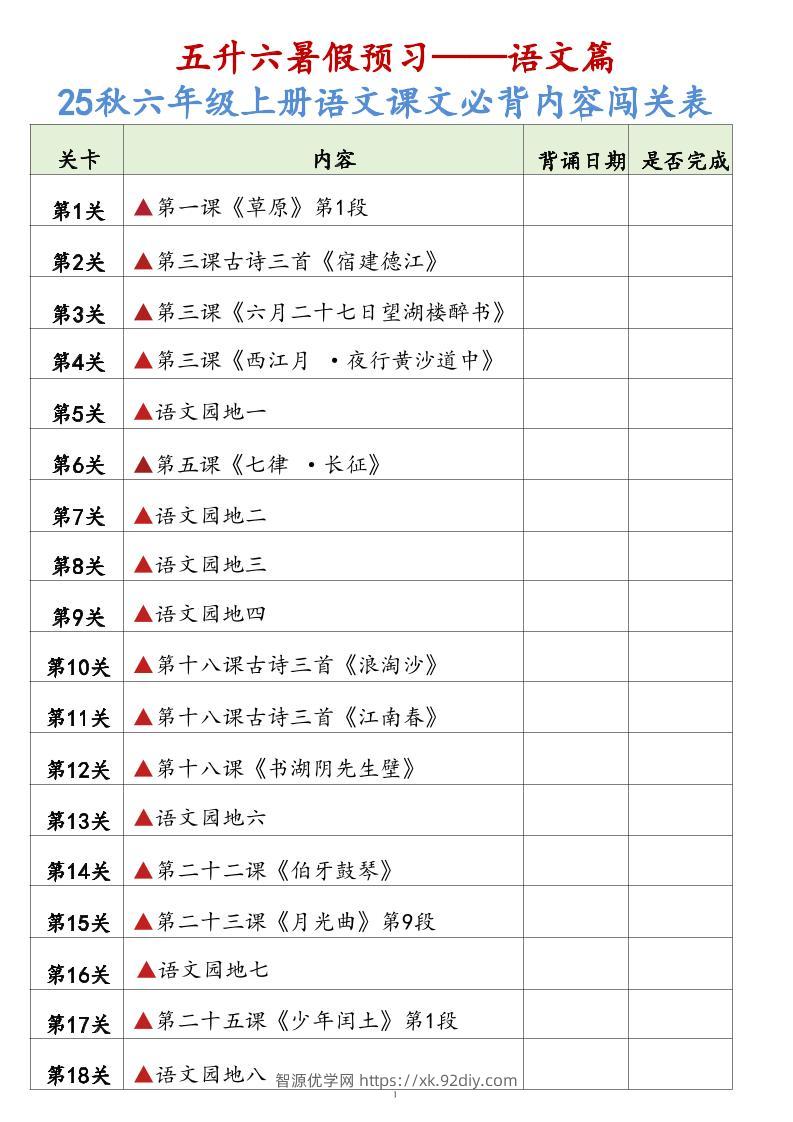 25秋六上语文课文必背内容背诵闯关表7页-智源优学网