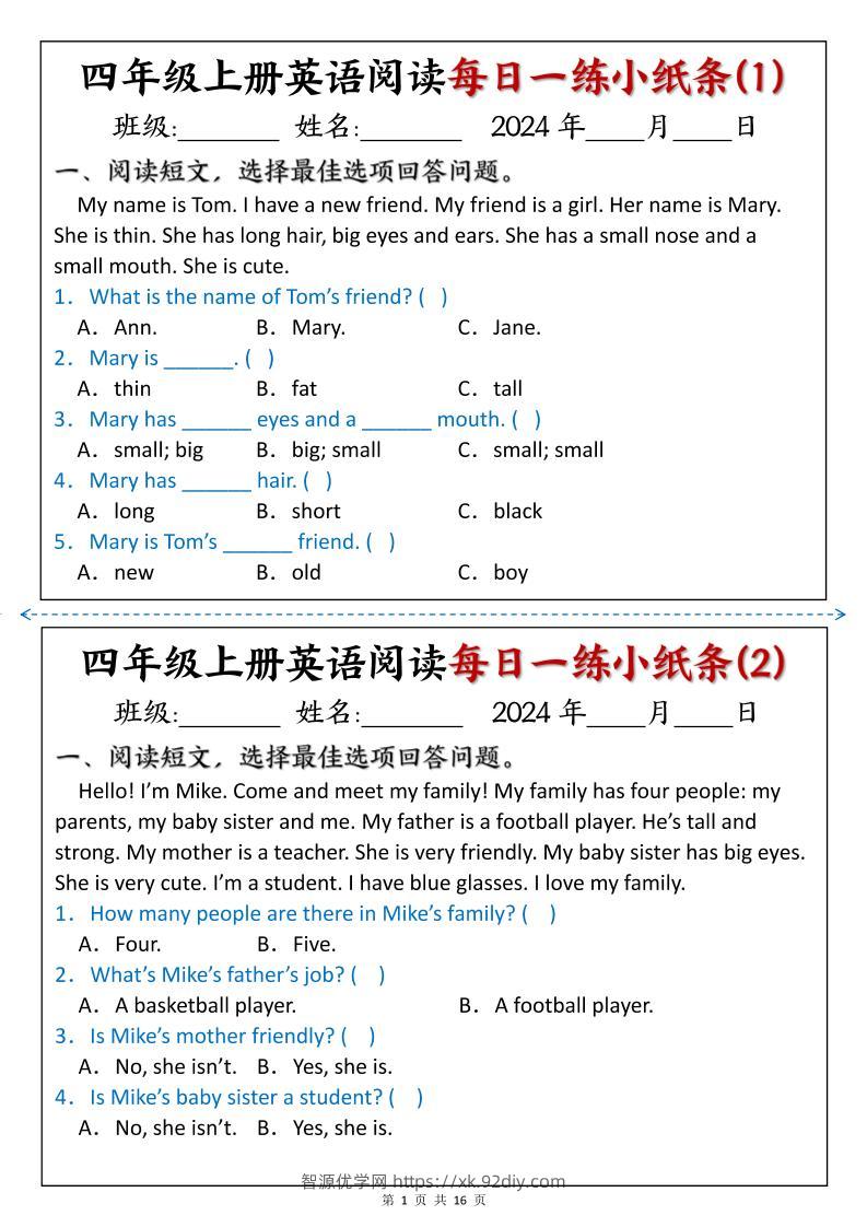 四上英语阅读每日一练小纸条-智源优学网