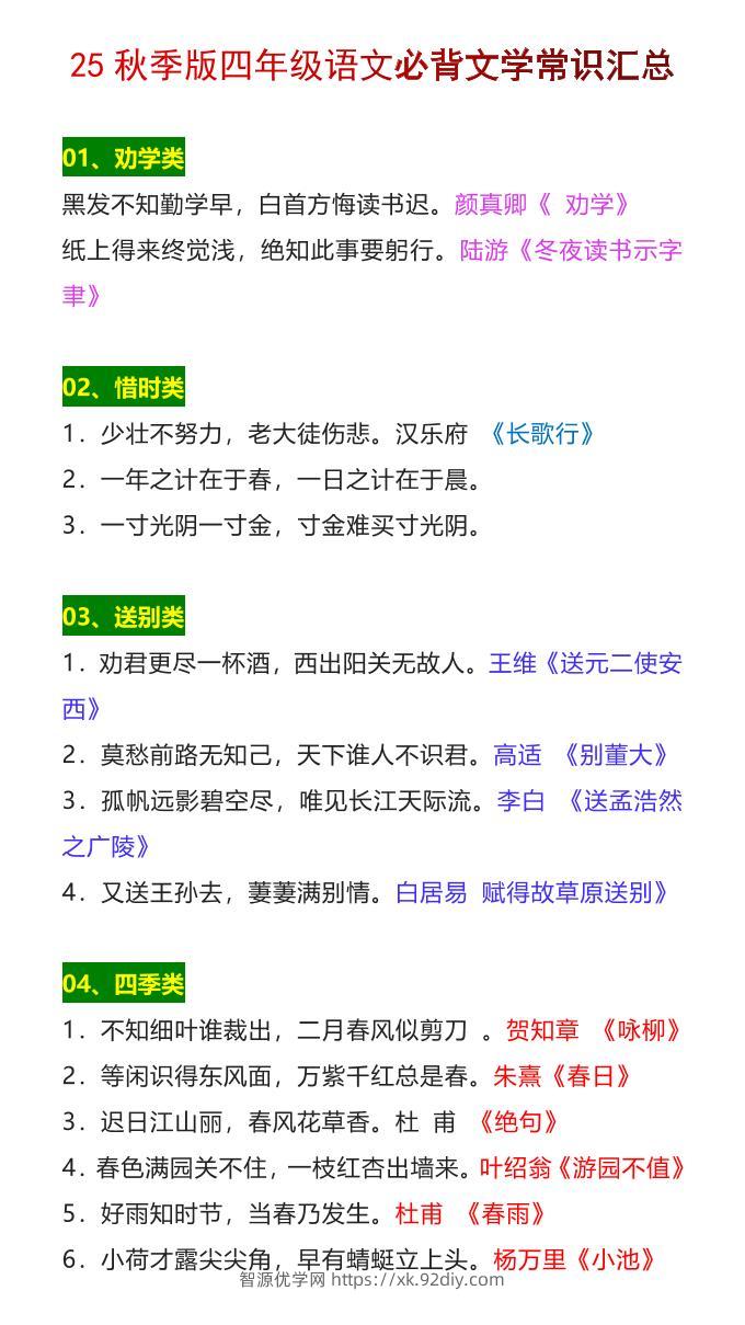 【2025秋新版】四年级语文上册必背文学常识汇总-智源优学网