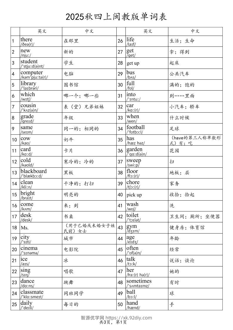 2025秋四上英语闽教版单词表-智源优学网