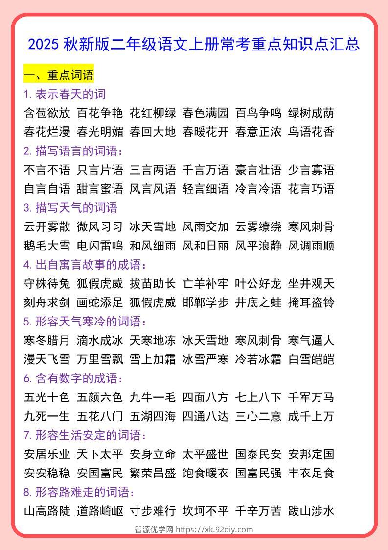 【2025秋新版】二年级语文上册常考重点知识点汇总-智源优学网
