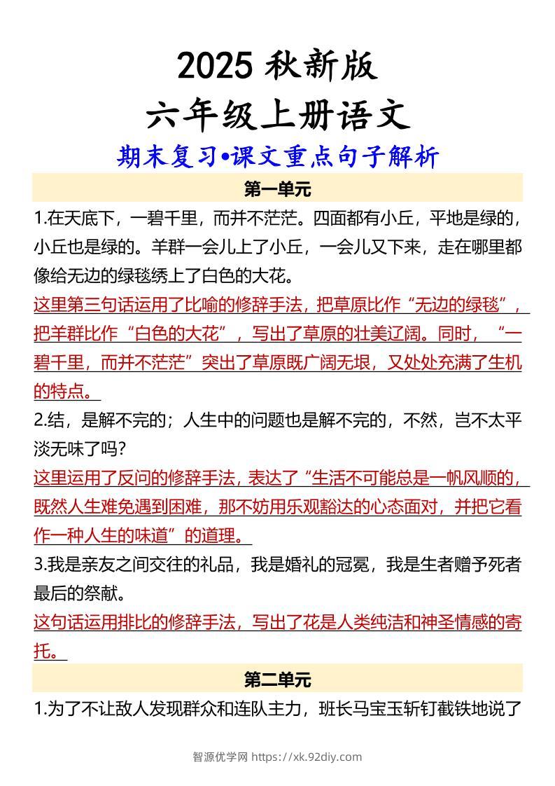 【2025秋新版】【六年级上册语文】期末复习•课文重点句子解析-智源优学网