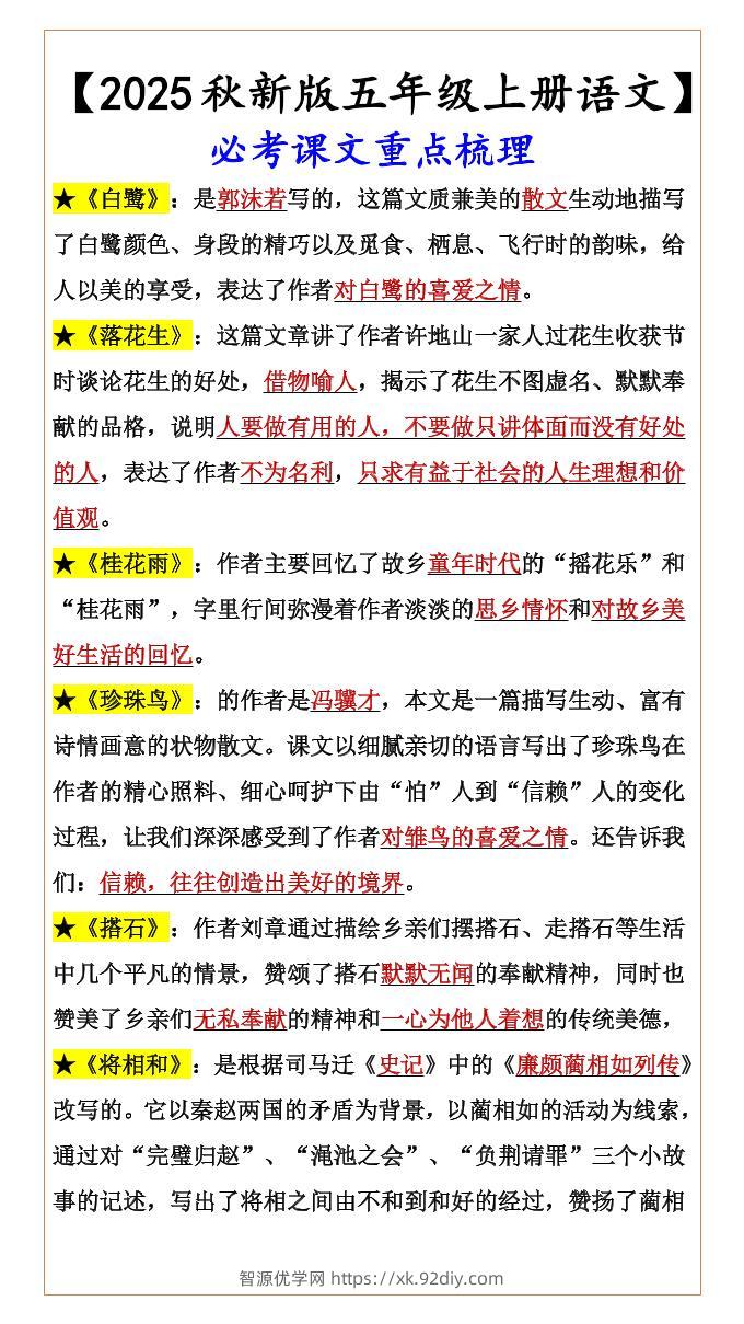 【2025秋新版】【五年级上册语文】必考课文重点梳理-智源优学网