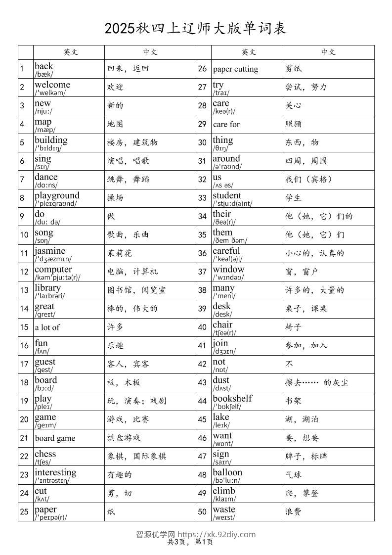 2025秋四上英语辽师大版单词表-智源优学网