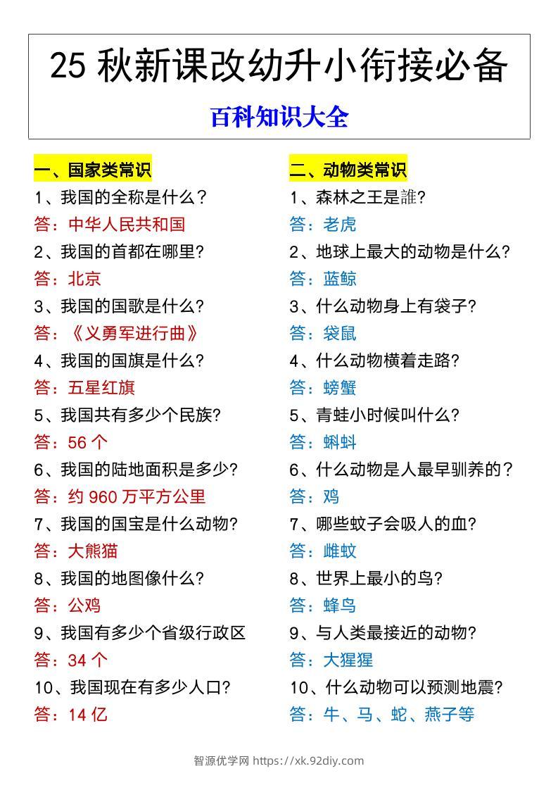 【2025秋新版】幼升小衔接必备百科知识大全-智源优学网