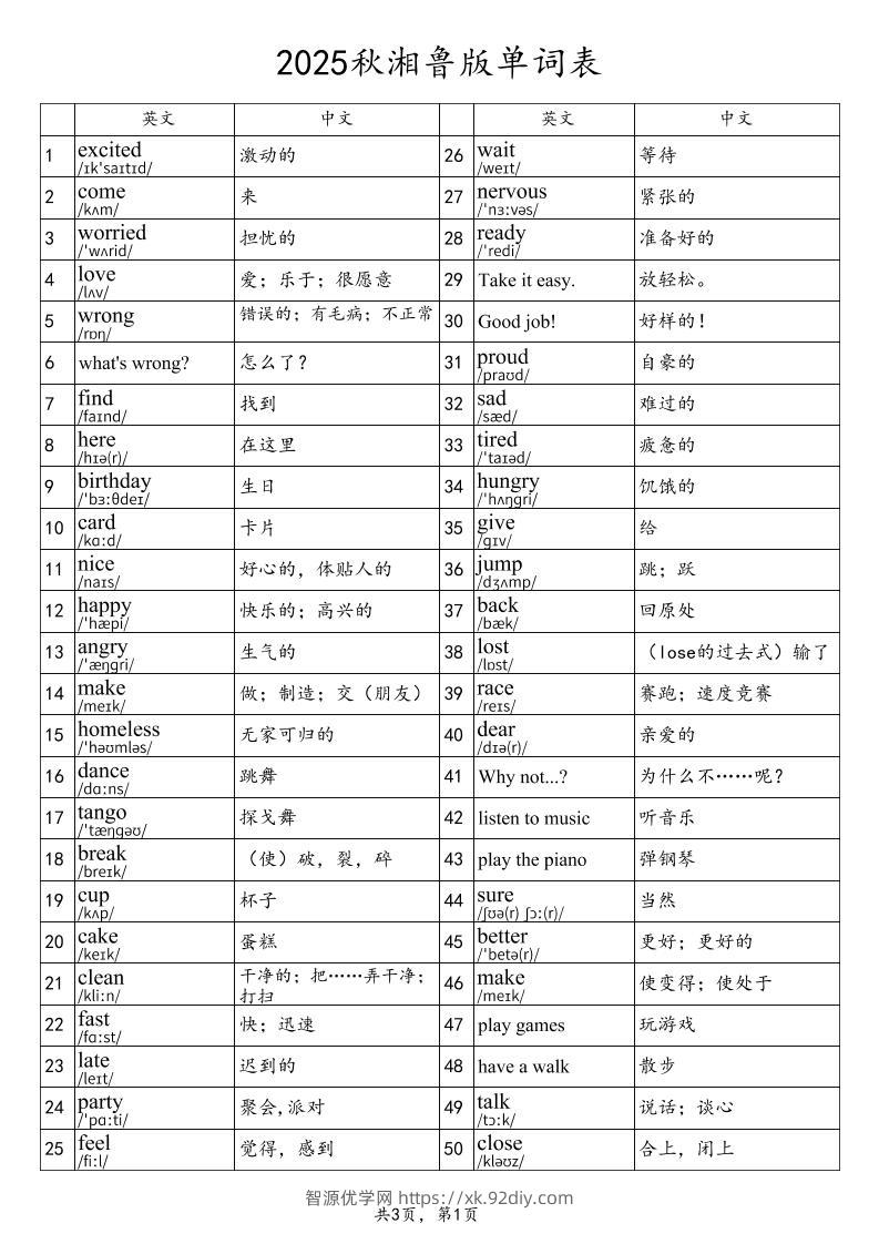 2025秋四上英语湘鲁版单词表-智源优学网