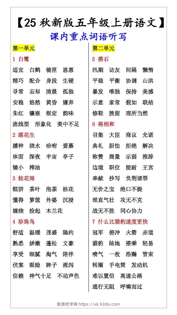 【2025秋新版】【五年级上册语文】课内重点词语听写-智源优学网