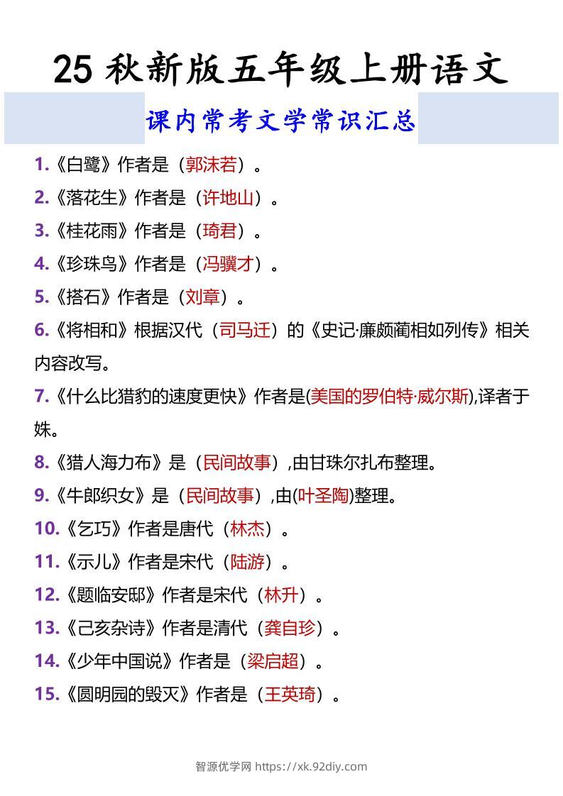 【2025秋新版】五年级上册语文课内常考文学常识汇总-智源优学网