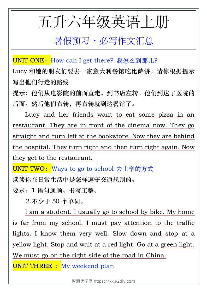 五升六年级英语上册暑假预习·必写作文汇总-六上英语-智源优学网