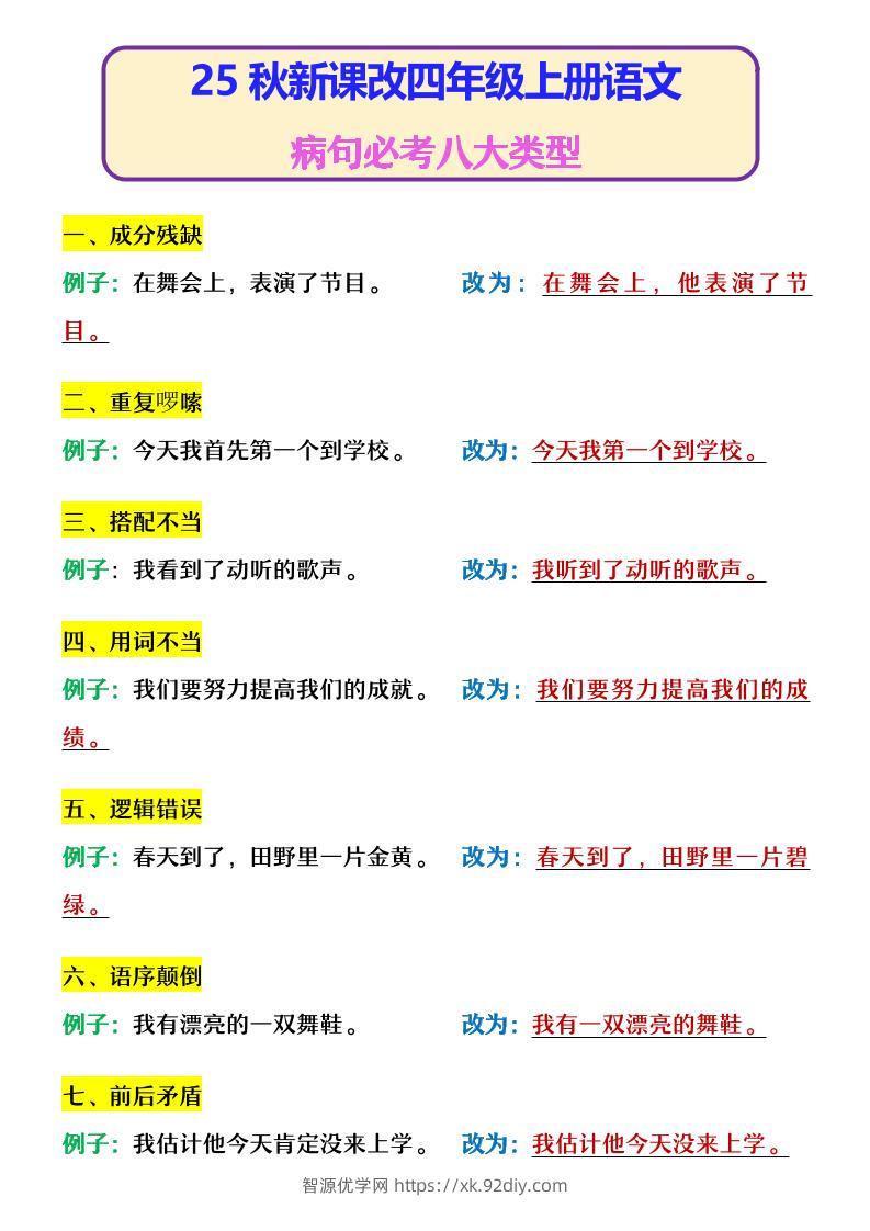 【2025秋新版】四年级上册语文病句必考八大类型-智源优学网
