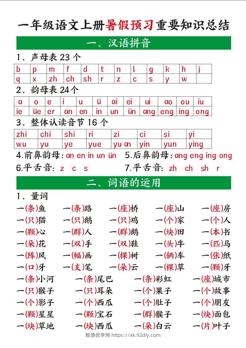 一上语文【暑假预习重要知识总结】-智源优学网