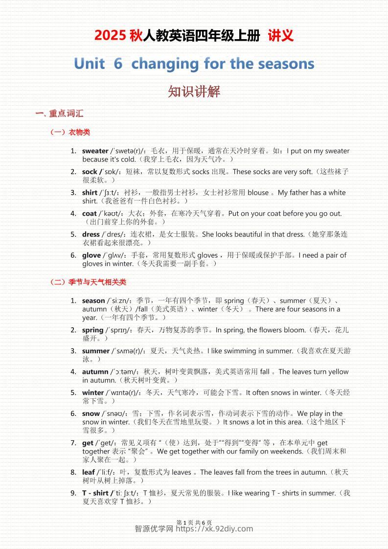 2025秋人教英语四上讲义Unit06-智源优学网