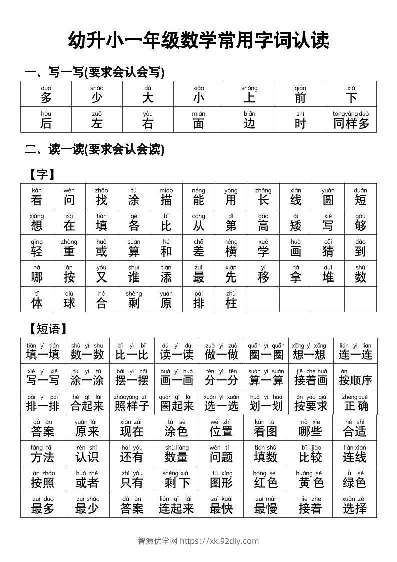 幼小衔接数学常用字词认读-智源优学网