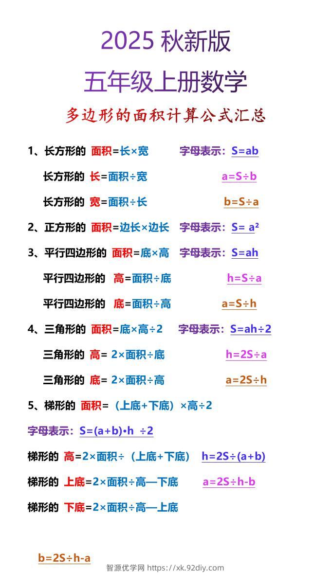 【2025秋新版】五年级上册数学多边形的面积计算公式汇总-智源优学网