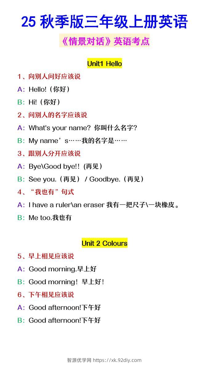 【2025秋新版】三年级上册英语《情景对话》英语考点-智源优学网