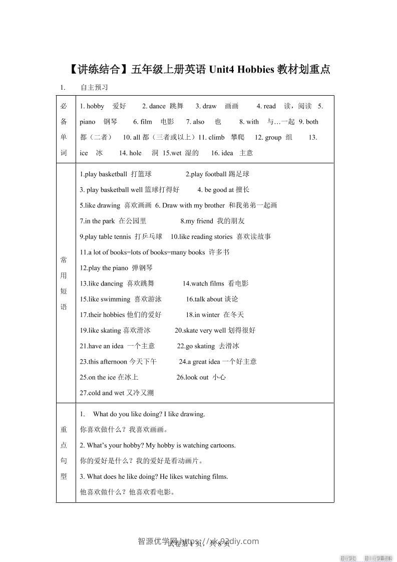 【单元热点难点】译林版（三起）英语五年级上册Unit4Hobbies教材划重点-智源优学网