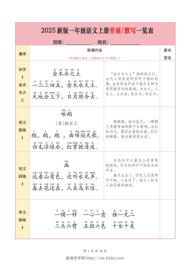 一上语文【25秋-必背内容+默写表】-智源优学网