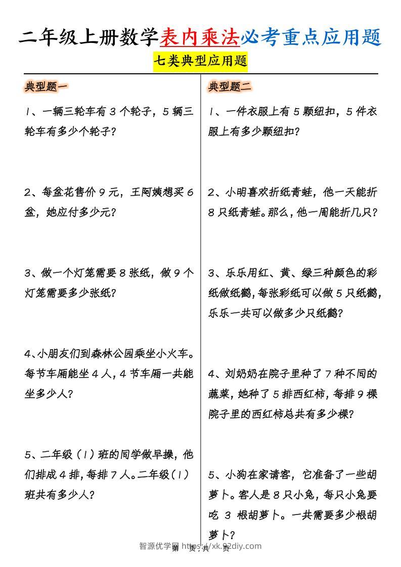 二上数学表内乘法必考重点七类典型应用题（含答案10页）-智源优学网