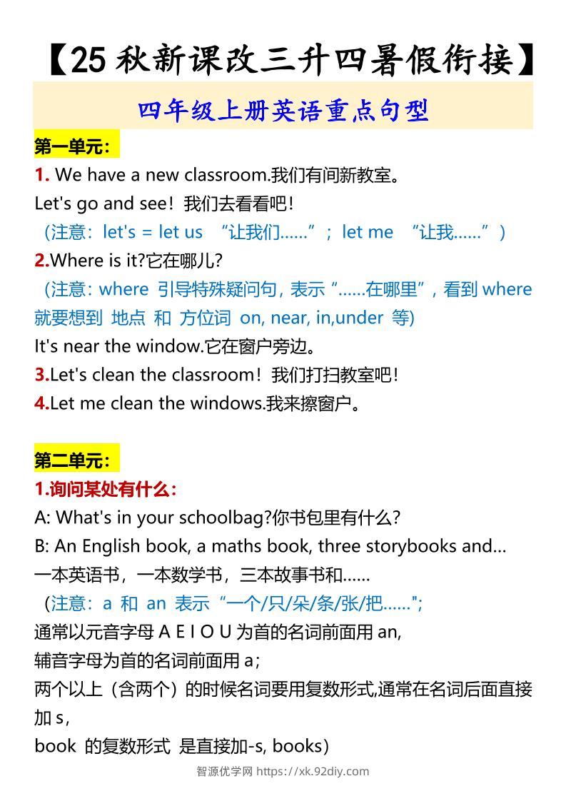 【2025秋新版】四年级上册英语重点句型-智源优学网