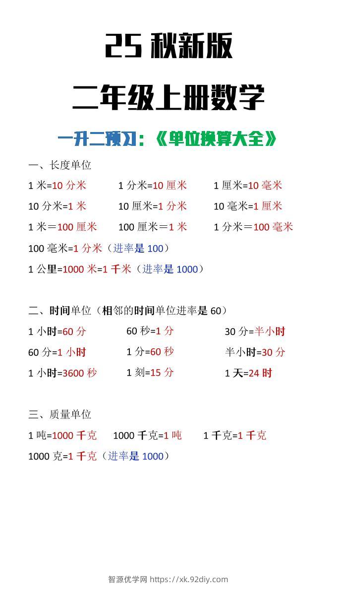 【2025秋新版】二年级上册数学单位换算大全-智源优学网