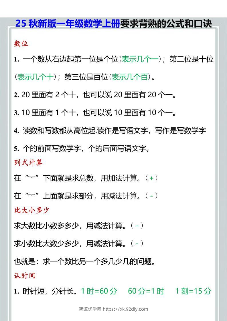 【2025秋新版】一年级数学上册要求背熟的公式和口诀-智源优学网