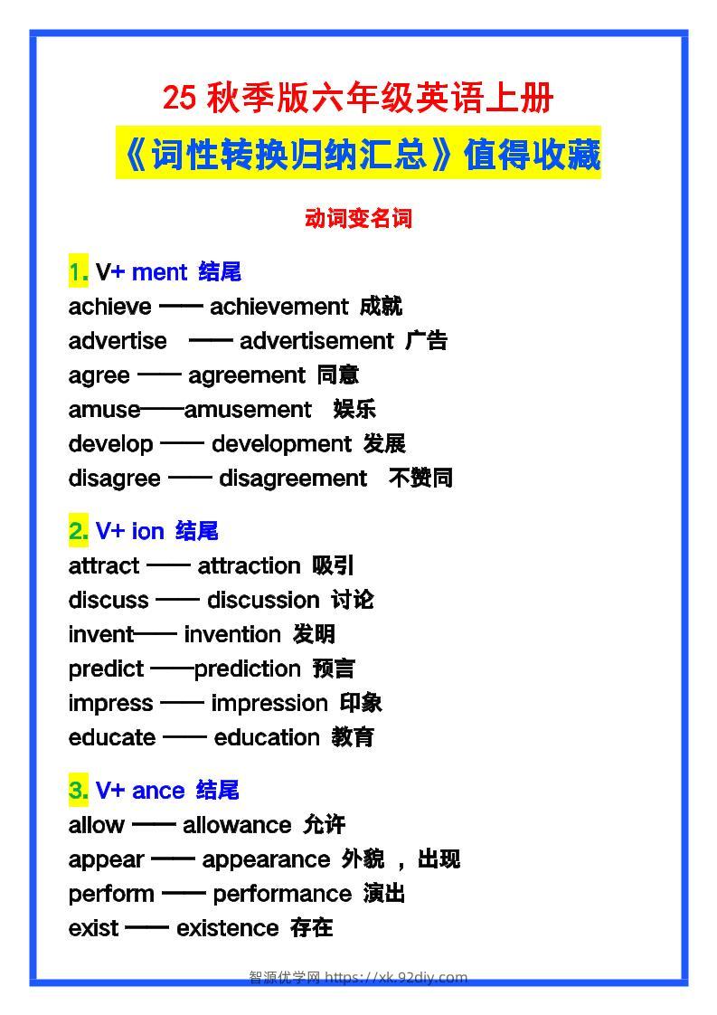 【2025秋新版】六年级英语上册《词性转换归纳汇总》，值得收藏！-智源优学网