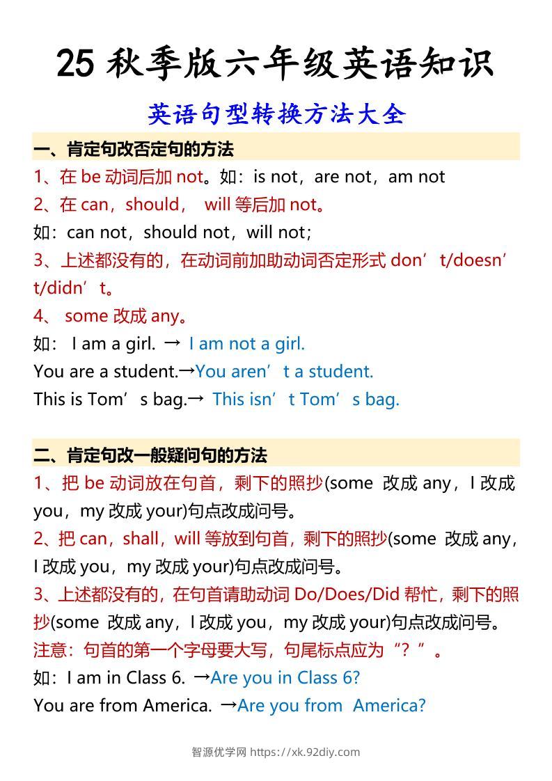 【2025秋新版】六年级上册英语英语句型转换方法大全-智源优学网