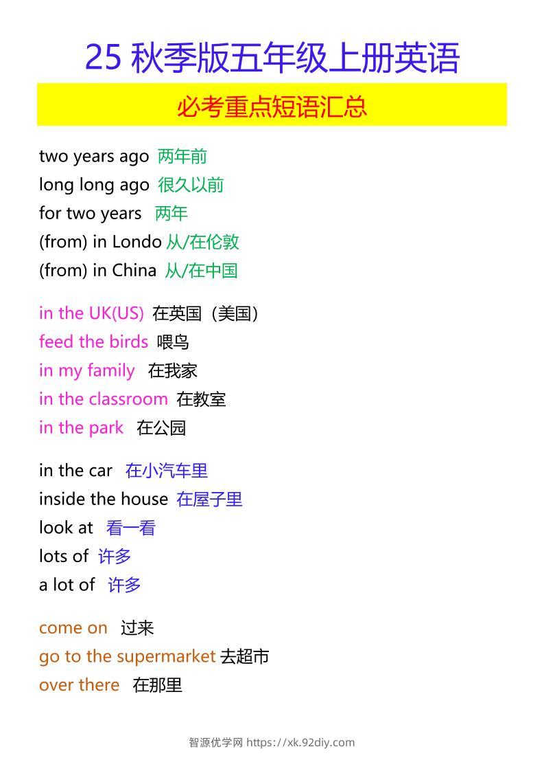 【2025秋新版】五年级上册英语必考重点短语汇总-智源优学网