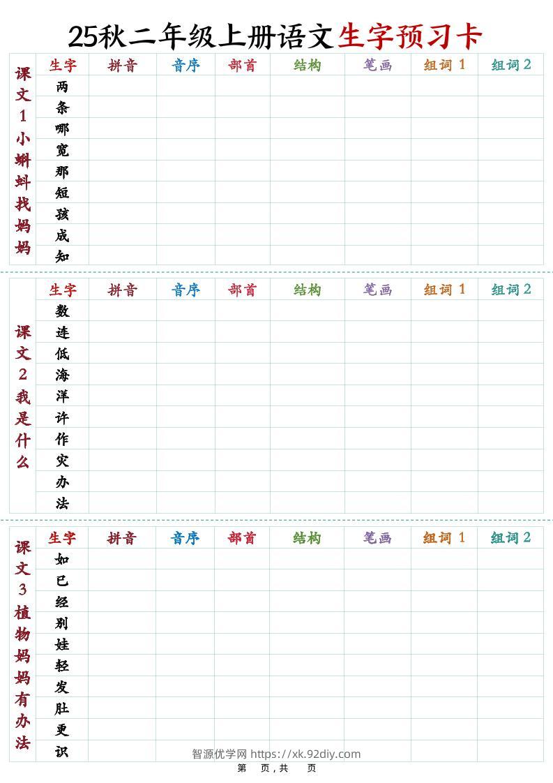 25秋新二上语文生字预习卡（11页）-智源优学网