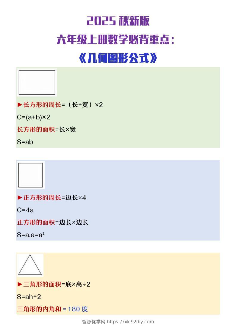 【2025秋新版】六年级上册数学必背几何图形公式大全-智源优学网