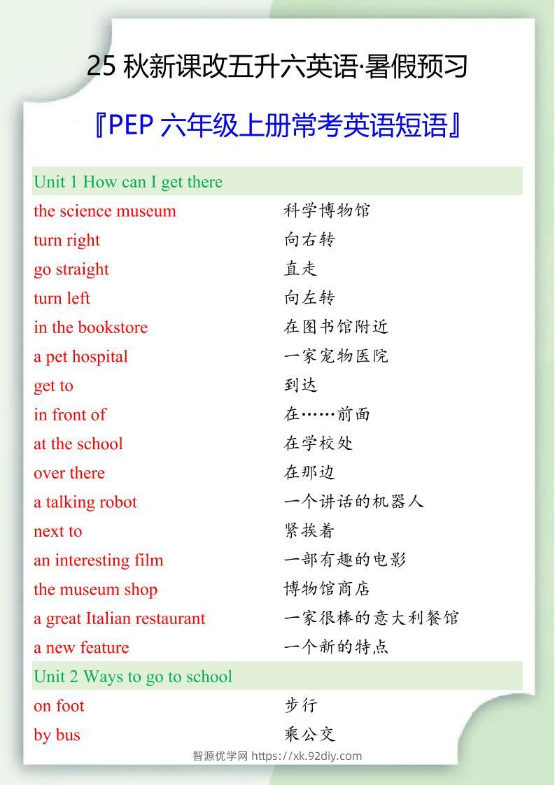 【2025秋新版】六年级上册常考英语短语-智源优学网