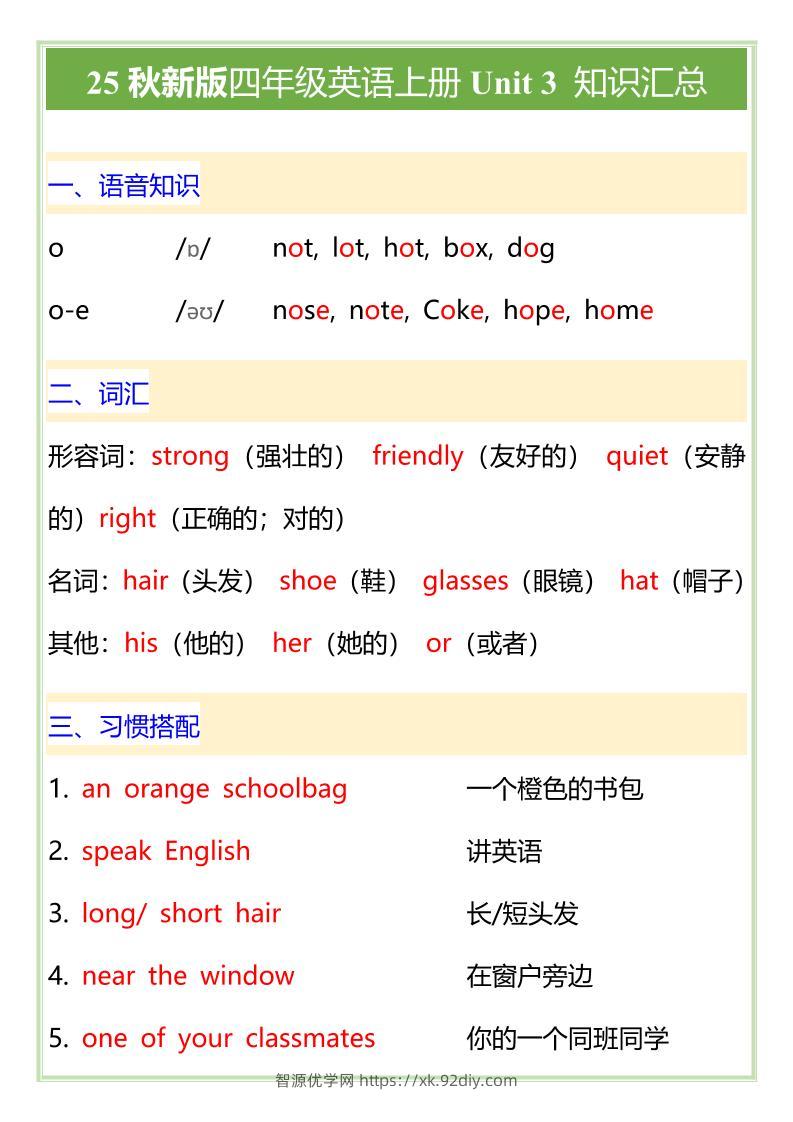 【2025秋新版】PEP版四年级英语上册Unit3知识汇总-智源优学网