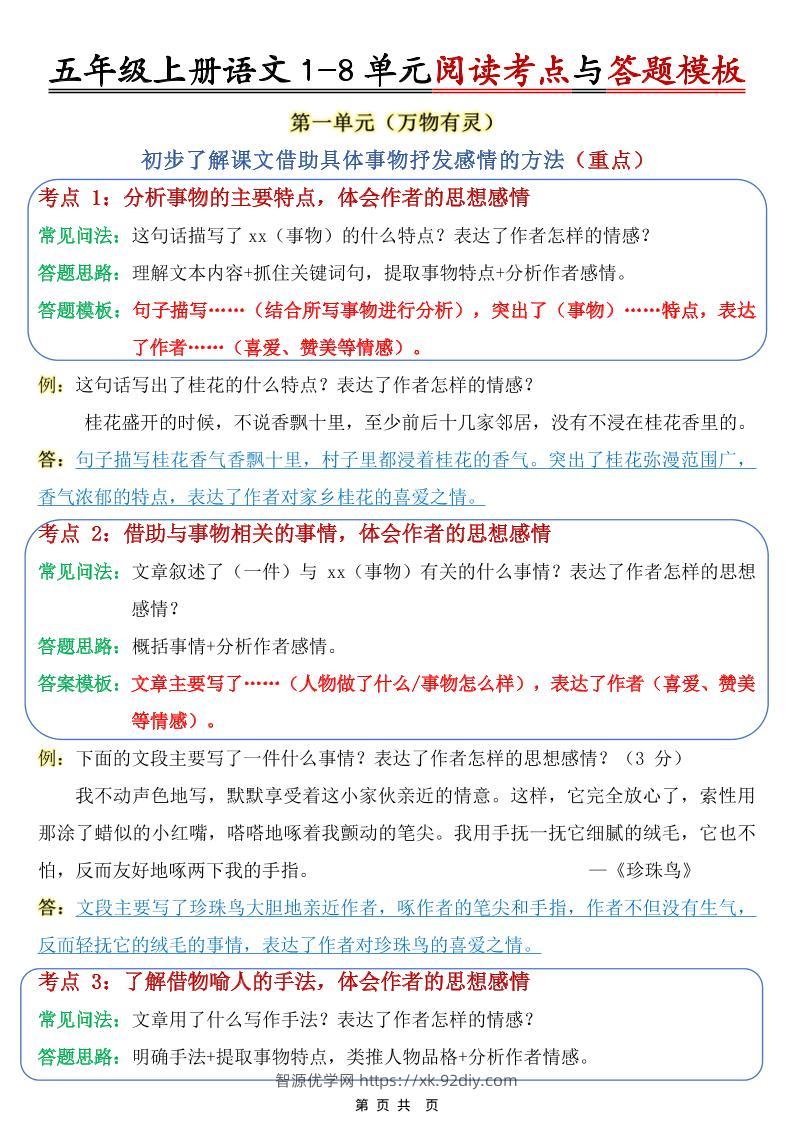 五上语文1-8单元阅读考点与答题模板-智源优学网