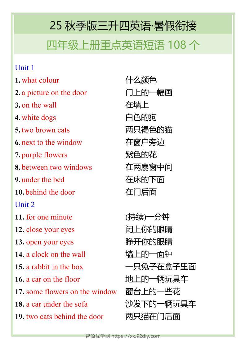 【2025秋新版】四年级上册重点英语短语汇总-智源优学网