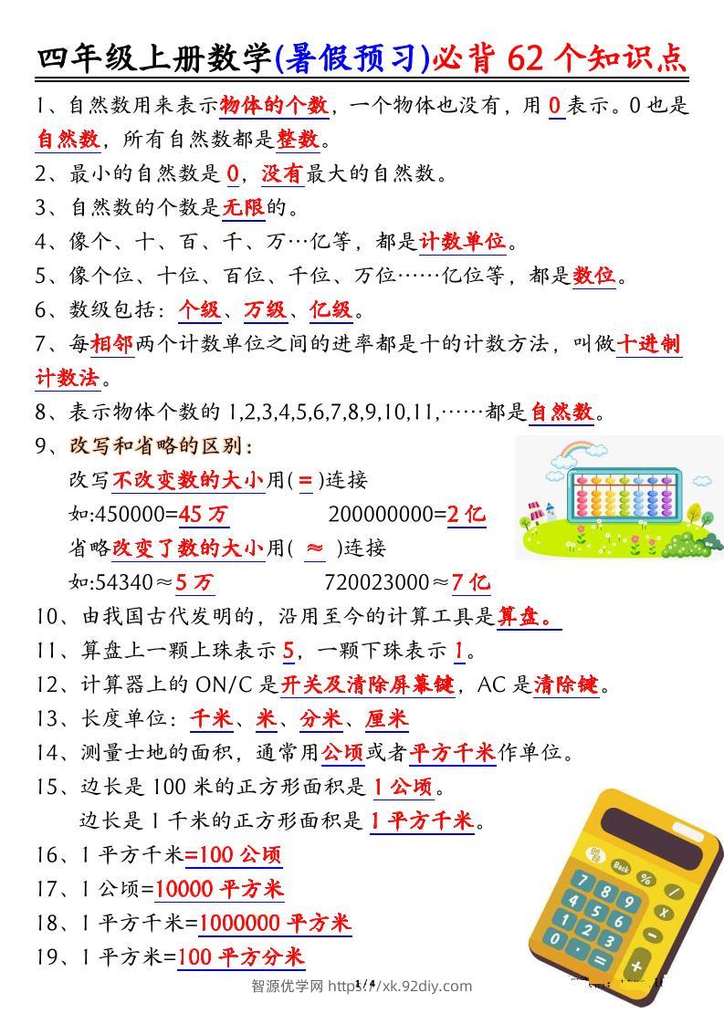 四上数学暑假预习必背62个知识点归纳（4页）-智源优学网