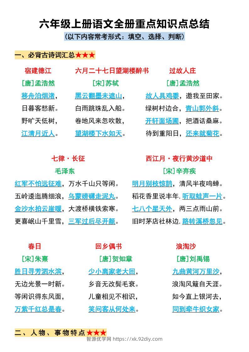 六上语文必背全册重点知识点总结11页-智源优学网