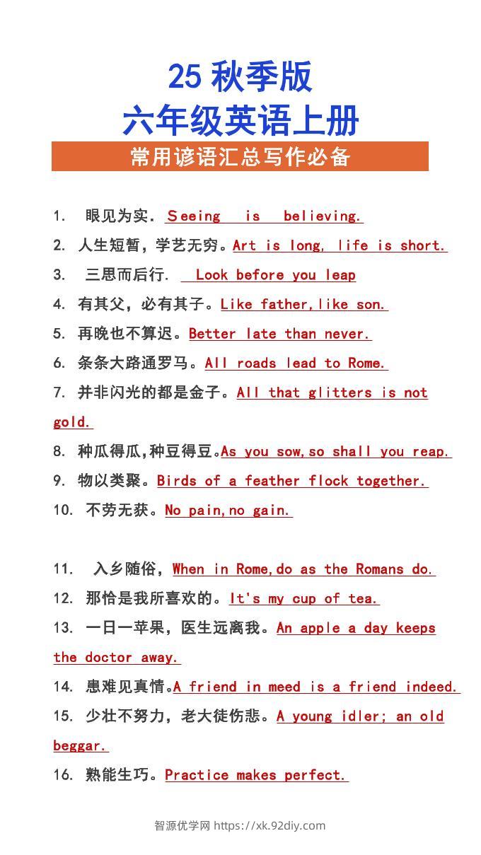 【2025秋新版】六年级上册英语常用谚语汇总写作必备-智源优学网